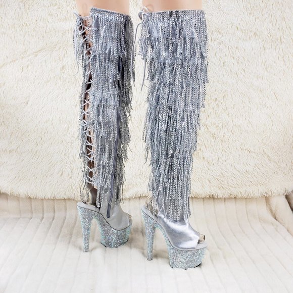 Bejeweled Fringe Rhinestone Platform High Heel Thigh